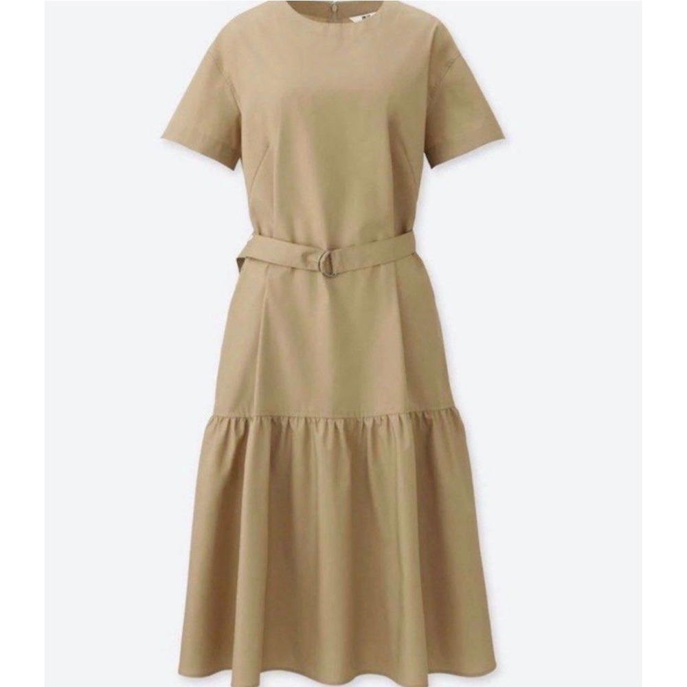 Uniqlo Womens Khaki Tan Tiered Belted Short Sleeve Midi Dress Cotton Blend L - Picture 2 of 2
